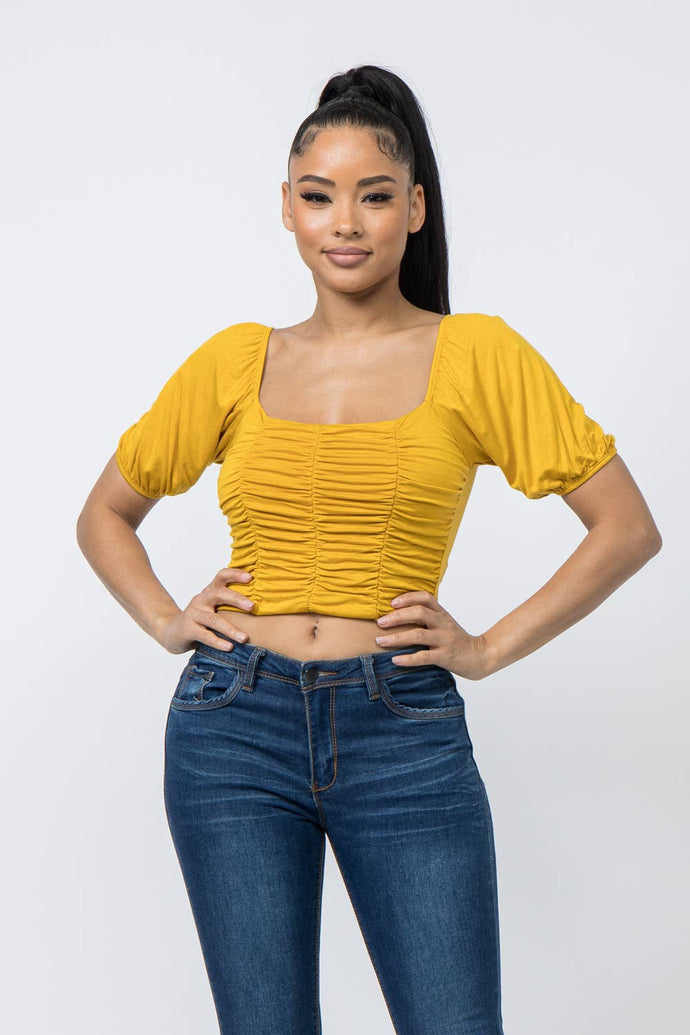 Mustard Yellow Stretch Rayon Span Puff Sleeve Front Shirring Detail Top