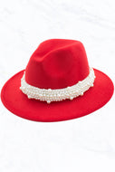 Fashion Fedora Jazz Hat with Wide Pearl Belt: Red