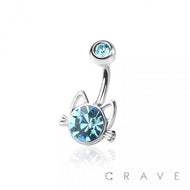 KITTY WITH GEM 316L SURGICAL STEEL NAVEL BELLY RING: SS/AQUA