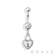 GEM HEART LOCKER DANGLE 316L SS NAVEL RING: SILVER / CLEAR-14GA (1.6MM)-3/8