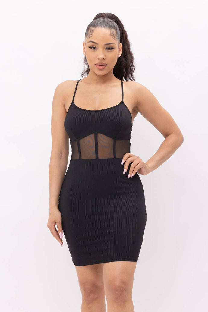 Black Front Contrast Mesh Corset Style Midi Dress