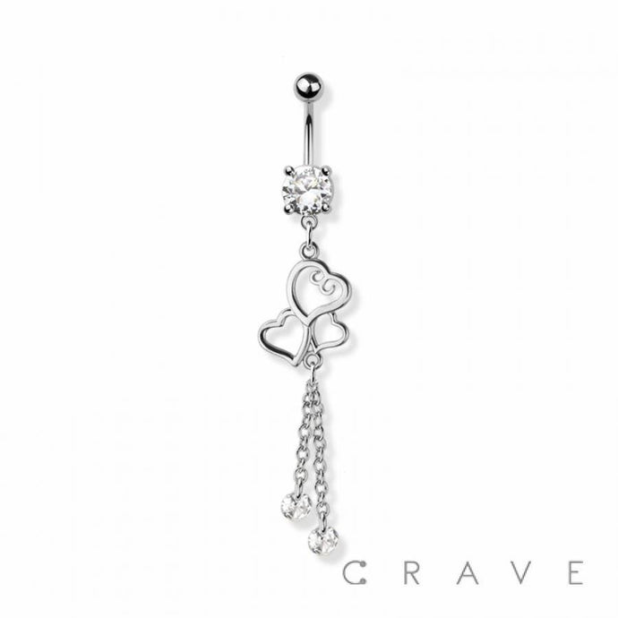 CRAVE BODY JEWELRY - TRIPLE HEART PRONG CHAIN 316L SS NAVEL BELLY RING: SS/CLEAR