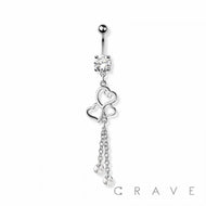 TRIPLE HEART PRONG CHAIN 316L SS NAVEL BELLY RING: SS/CLEAR