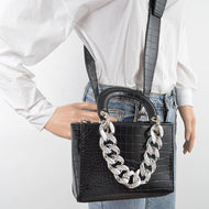 Faux Croc Handles Purse Bag W/Stoned Chain: Black Silver