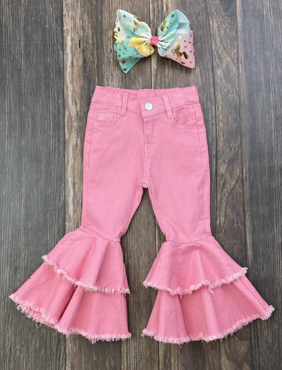 Pink Frayed Double Bell Bottom Flares Jeans