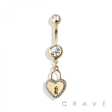 Load image into Gallery viewer, CRAVE BODY JEWELRY - GEM HEART LOCKER DANGLE 316L SS NAVEL RING: GOLD /CLEAR-14GA (1.6MM)-3/8&quot; (10MM)-5MM

