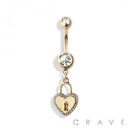 GEM HEART LOCKER DANGLE 316L SS NAVEL RING: GOLD /CLEAR-14GA (1.6MM)-3/8