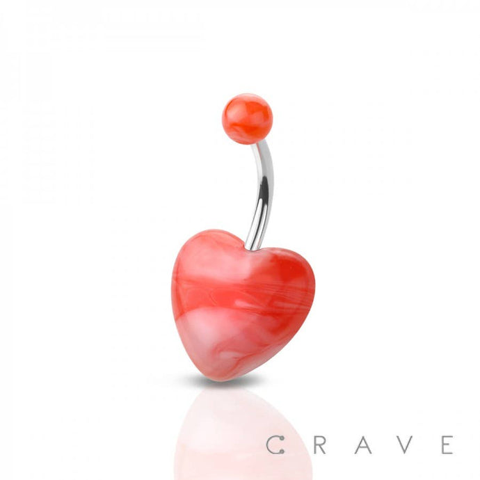 MARBLE LOOK ACRYLIC HEART 316L SS BAR BELLY RING