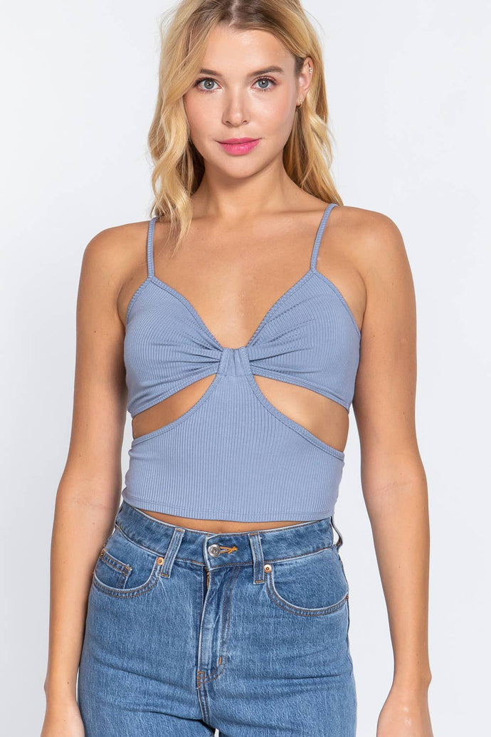 SI-22747 FITTED V-NECK w/BOW CUT-OUT KNIT CAMI TOP: BLU-iris blue-138342 / S