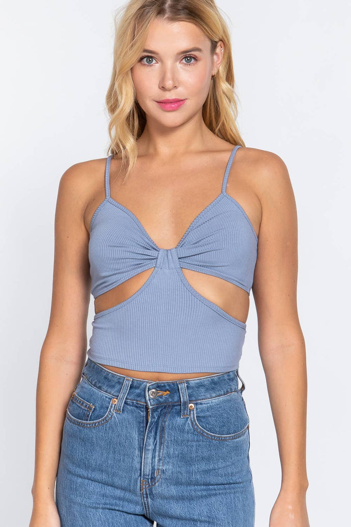 SI-22747 FITTED V-NECK w/BOW CUT-OUT KNIT CAMI TOP: BLU-iris blue-138342 / M
