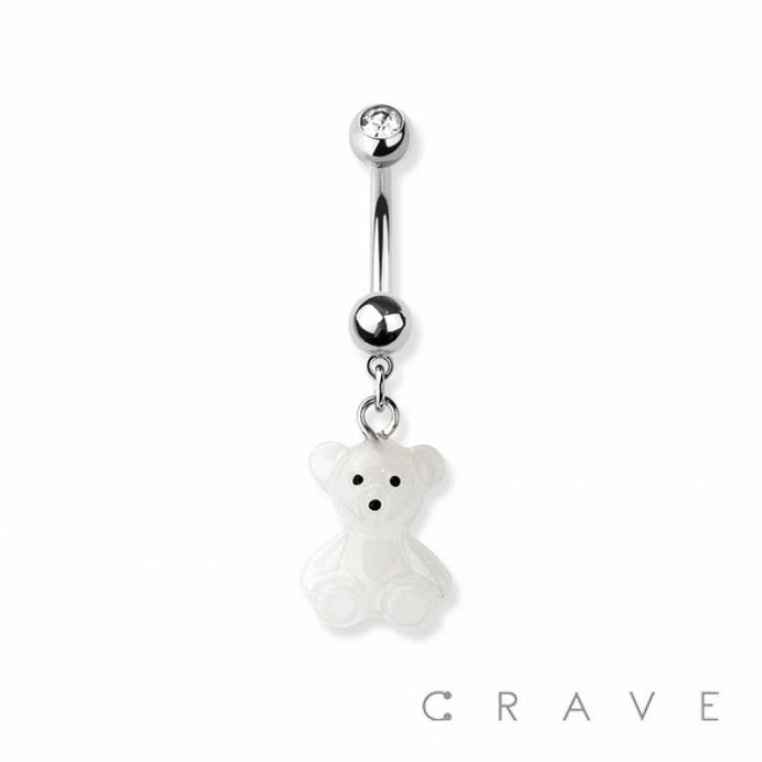 GUMMY BEAR & TEDDY BEAR DANGLE 316L SS NAVEL BELLY RING: SS/WHITE