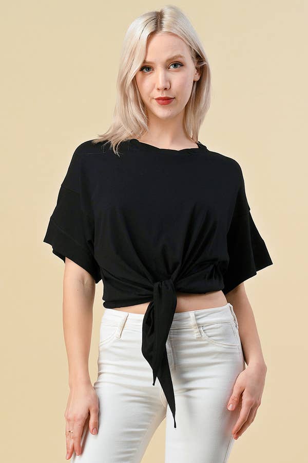 TIE FRONT WIDE SLEEVE TEE W/TWISTED NECK BAND TOP-A