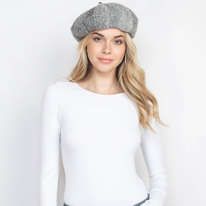Grey Knit Beret Hat