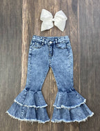 Frayed Double Bell Bottom Flares Kid Blue Jeans