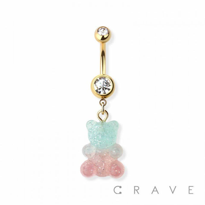 GUMMY BEAR & TEDDY BEAR DANGLE 316L SS NAVEL BELLY RING: GOLD/2 TONE BL/PK