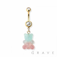 GUMMY BEAR & TEDDY BEAR DANGLE 316L SS NAVEL BELLY RING: GOLD/2 TONE BL/PK