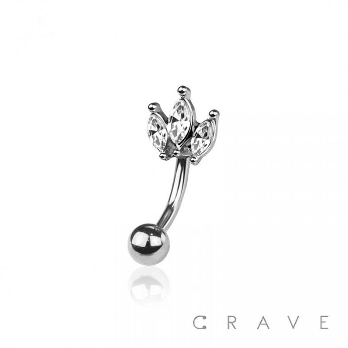 3 MARQUISE GEM CROWN 316L SURGICAL STEEL NAVEL RING: SS / CLEAR