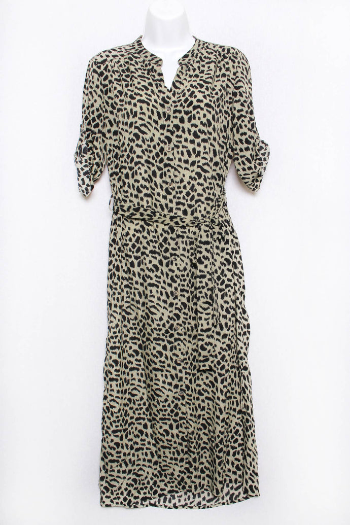 Women's Short Sleeves Olive Animal Print Button Front Midi Dress
