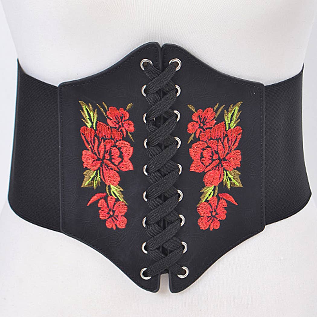 Corset Thick Belt With Red Rose Details
