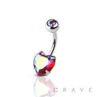 DOUBLE GEM PRONG SET HEART CZ 316L SS NAVEL RING: AB/RED EFFECT-14GA (1.6mm)-3/8