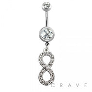 GEM PAVED INFINITY DANGLE DOUBLE GEM 316L SS NAVEL RING: SS/CLEAR-14GA (1.6mm)-3/8