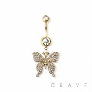 BUTTERFLY DANGLE 316L SURGICAL STEEL NAVEL RING: GOLD/CLEAR