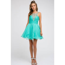 Load image into Gallery viewer, Juliet - JEWEL EMBELLISHED SHORT V-BACK DRESS: JADE / XS
